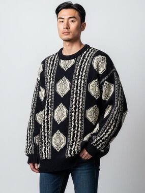 Vintage Jantzen Navy & Cream Geometric Knit Crewneck Sweater